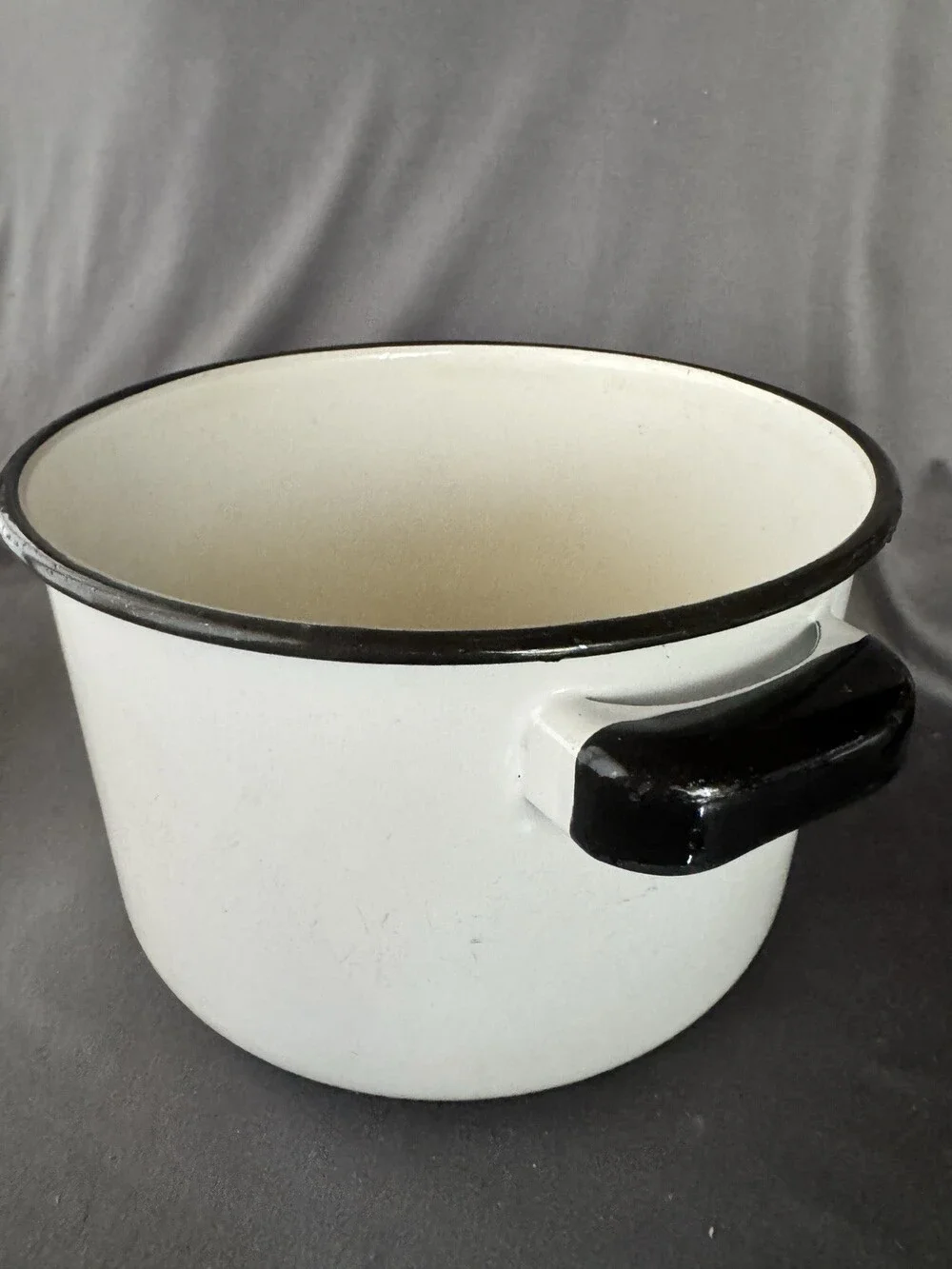 Vintage White Enamel Stock Pot Black Rim Farmhouse Camp Cooking 8” Pot